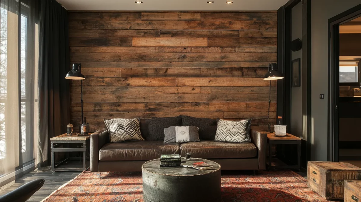 rustic wooden wall panel design for living room