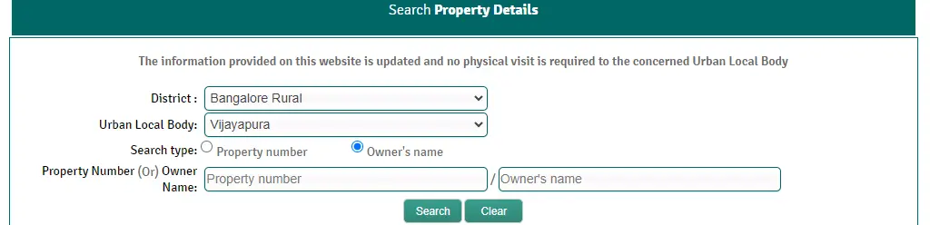 search the property by name on bbmp e-aasthi portal website