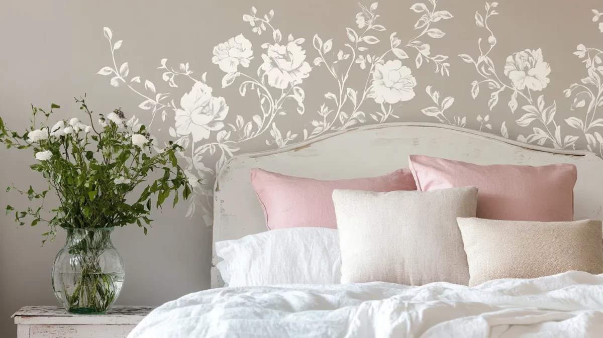 vintage floral stencil bedroom wall design