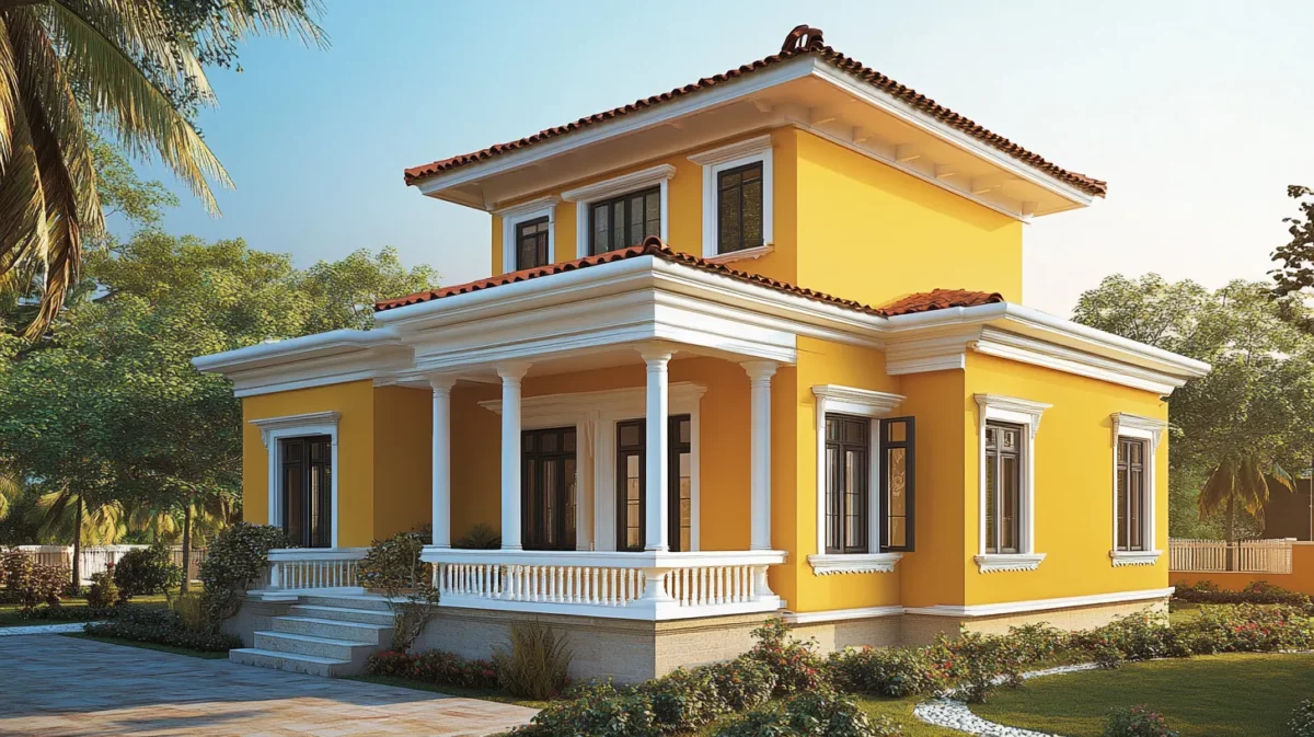 yellow and white outside colour of indian simple house in village