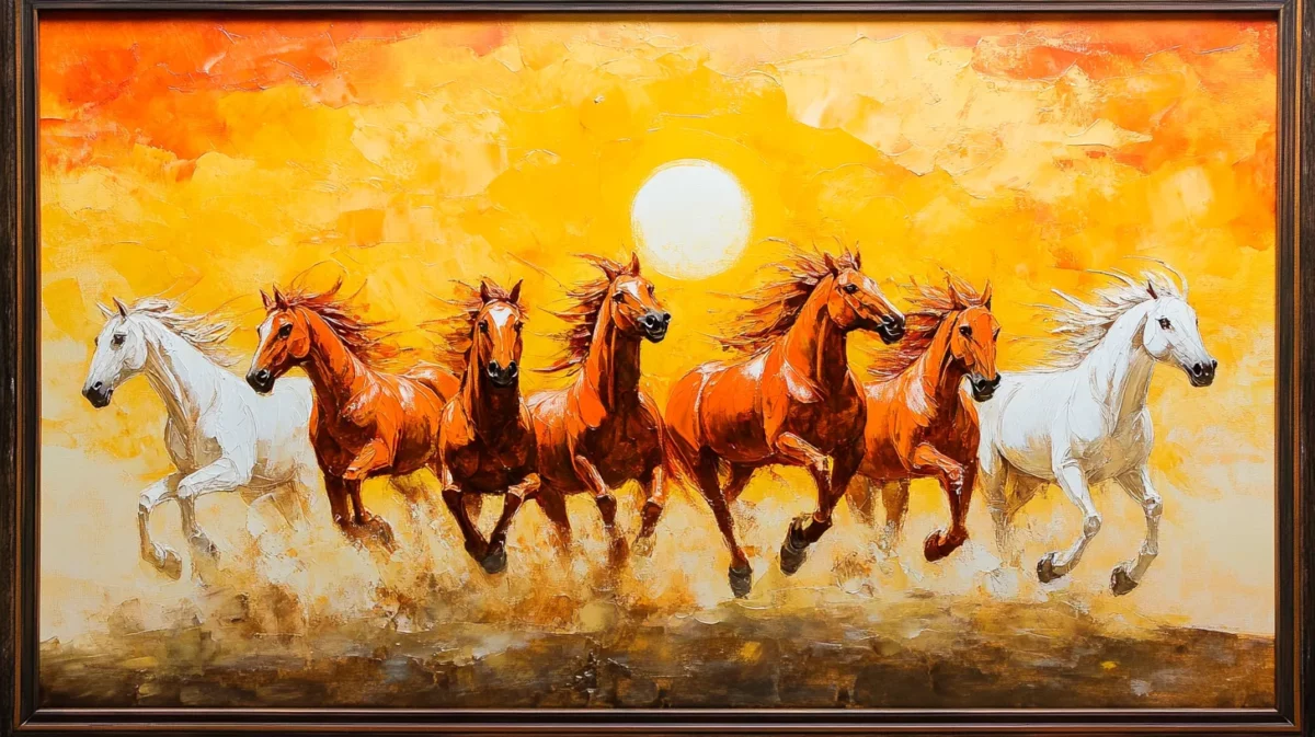 7 horses painting with rising sun