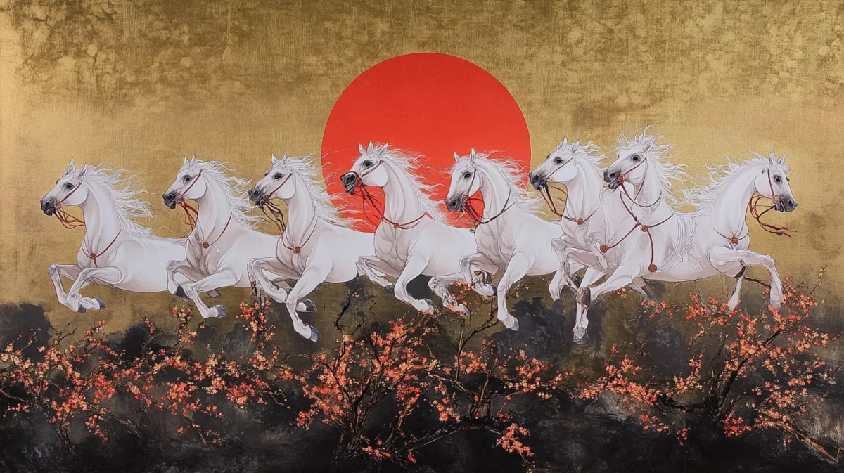 7 white galloping horses with rising sun in the background