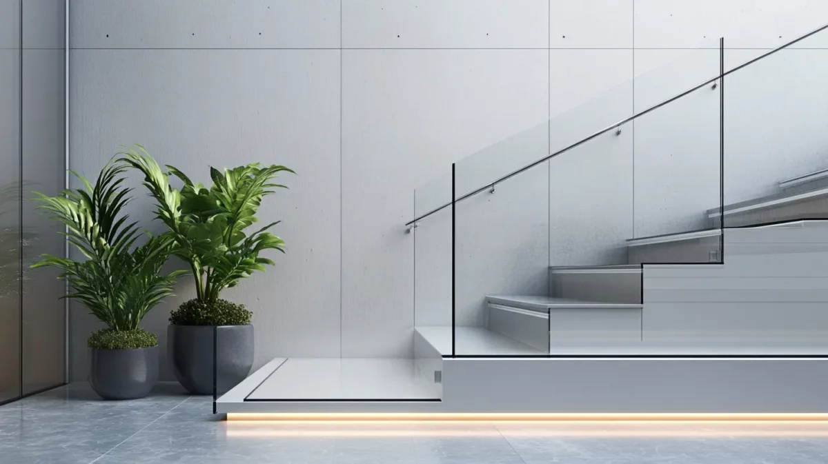 aluminium railing with glass shelf panels design idea