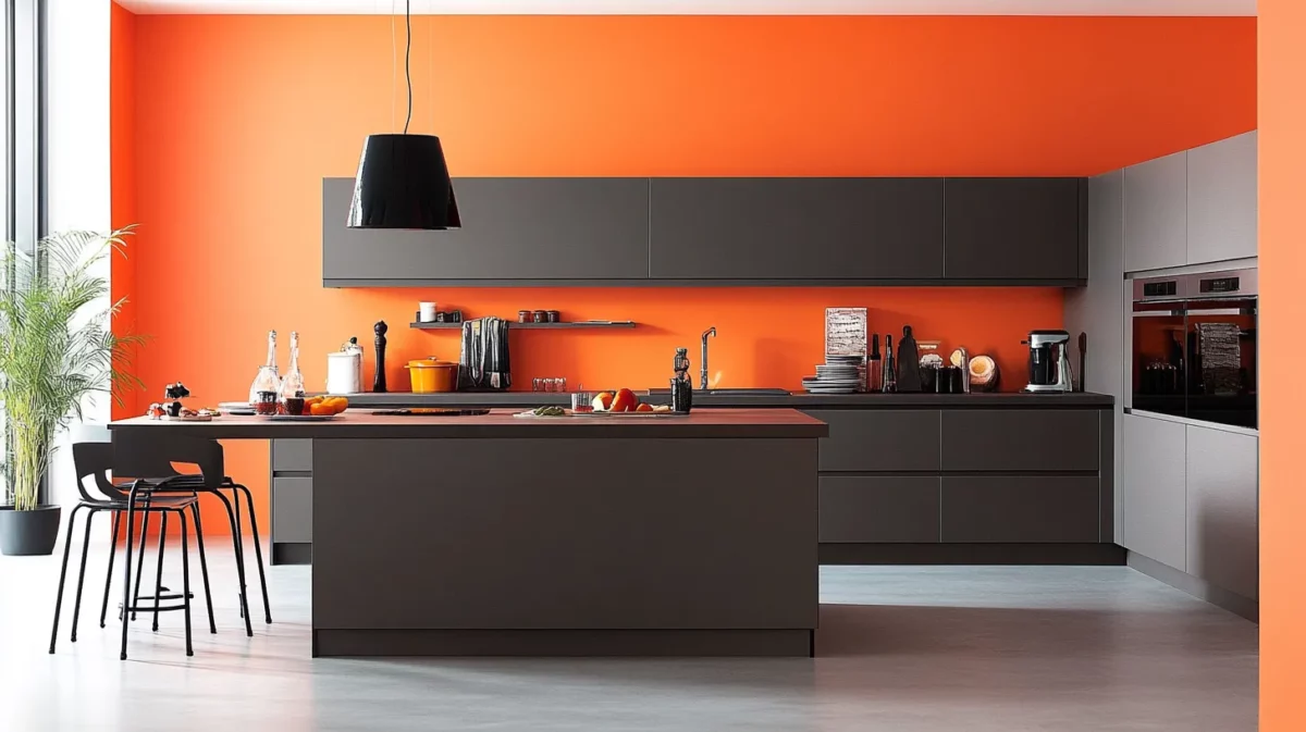 bright orange and cool grey kitchen colour combination scheme