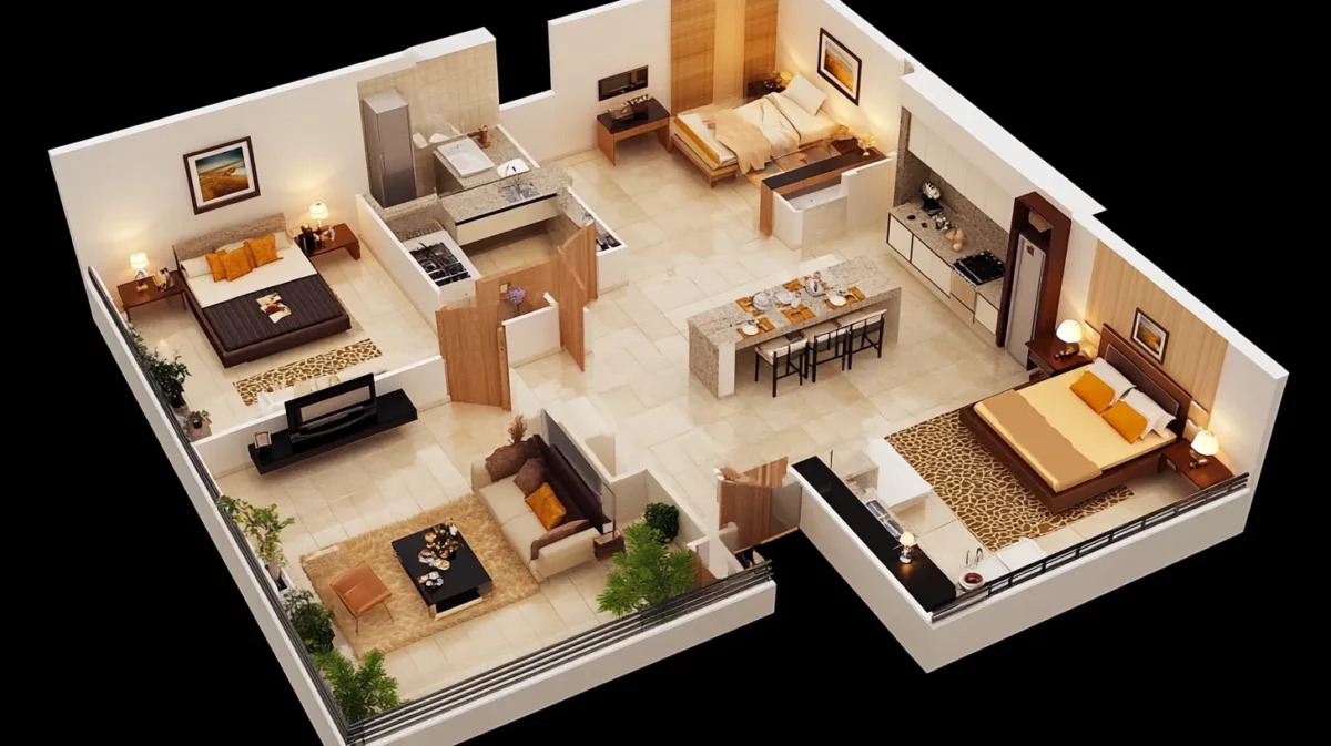 contemporary 3d 2 bhk layout