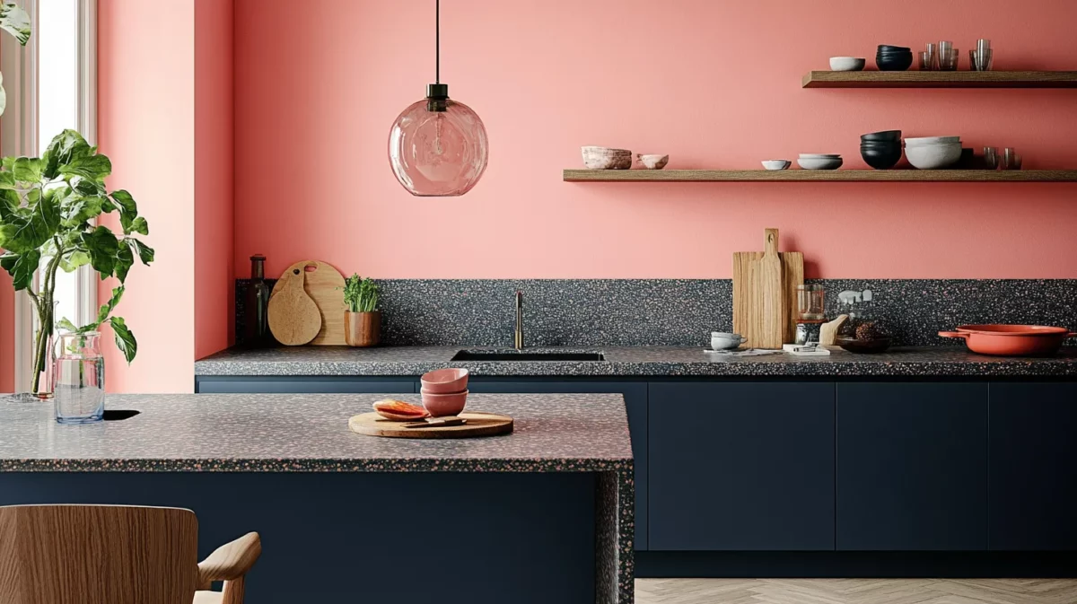 coral pink and navy blue kitchen colour scheme