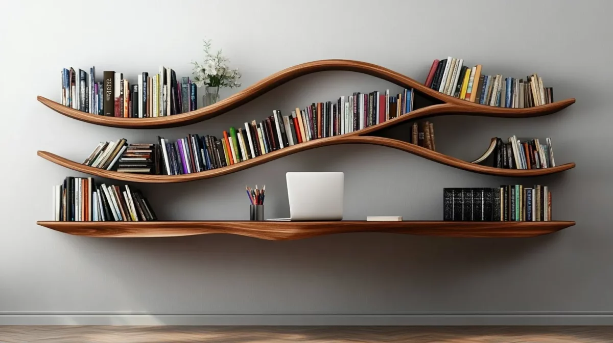 floating bookshelf design with study table