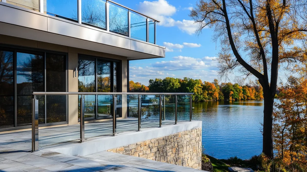 floating glass steps with frameless railing design