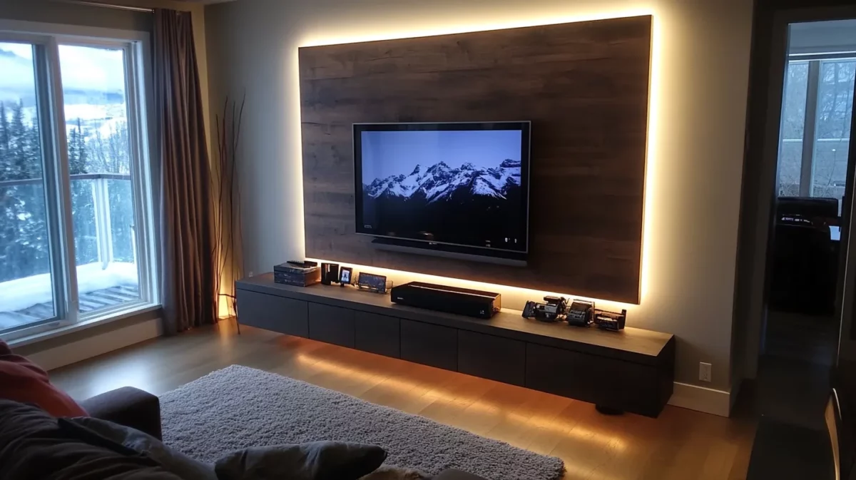 floating panel tv wall design with hidden storage