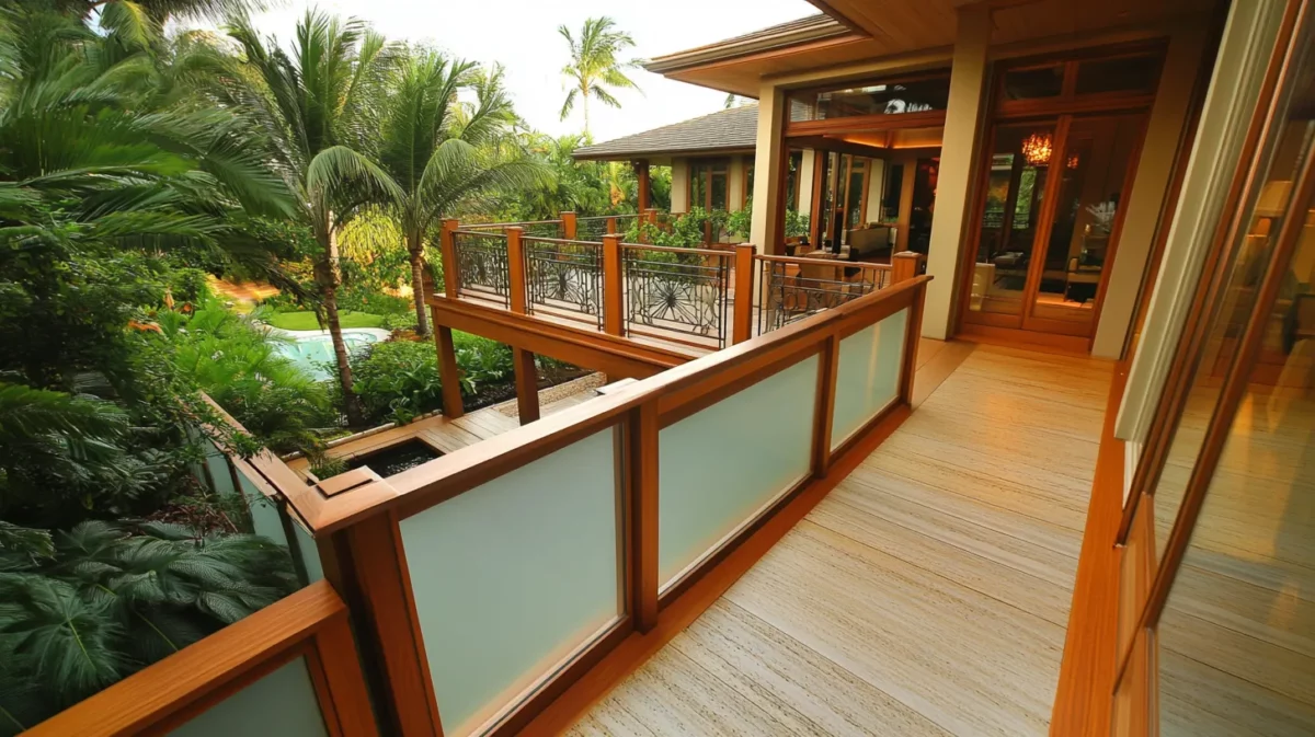 frosted glass railing design with wooden handrails