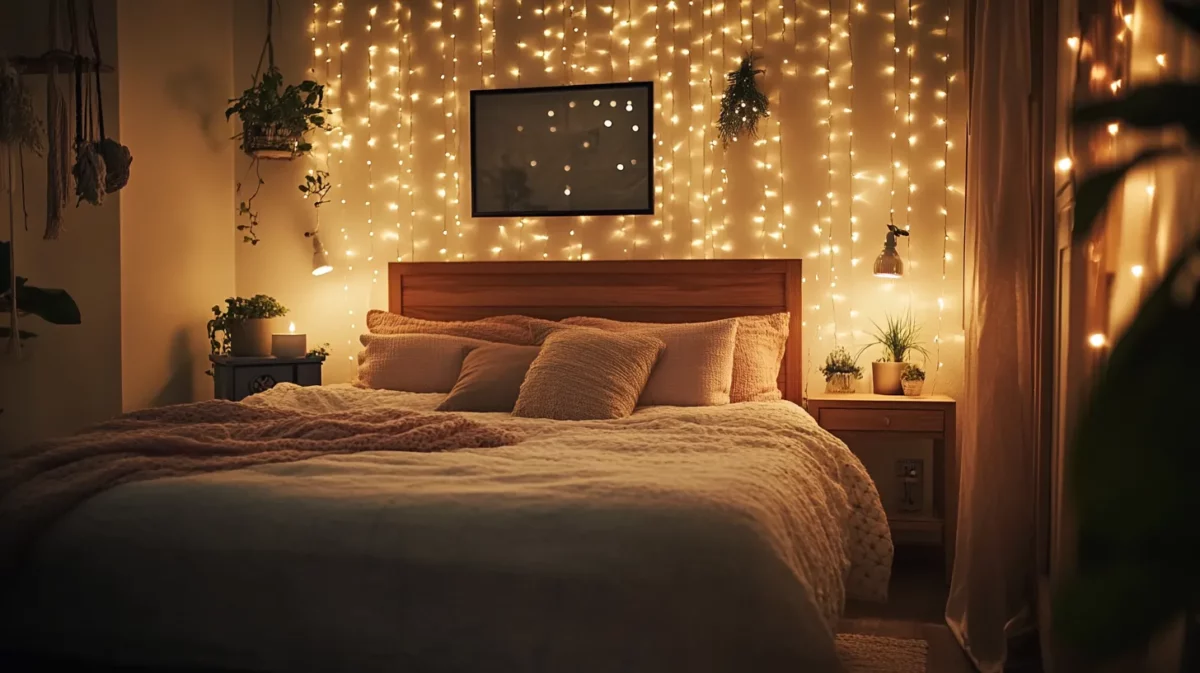 hang string lights for soft lighting idea to remodel a small bedroom