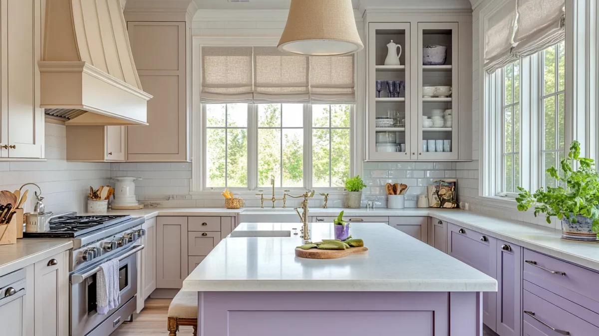 lavender and beige kitchen cupboard paint colour combination