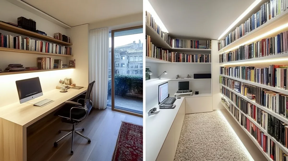 minimalist bedroom study table with bookshelf design