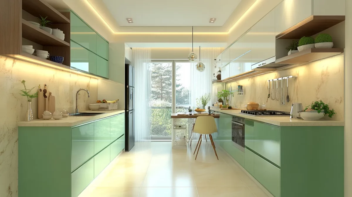 mint green and cream kitchen cupboard colour combination