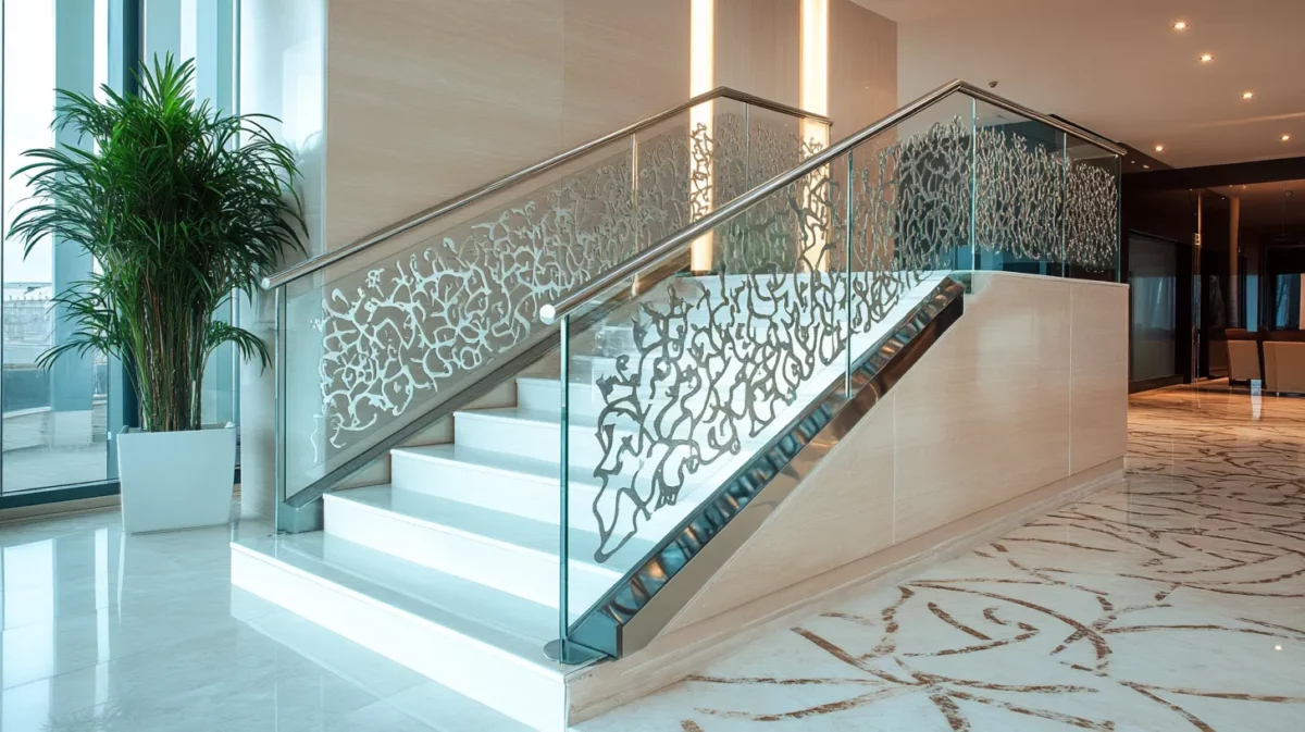 modern glass railing design idea with decorative metal accents