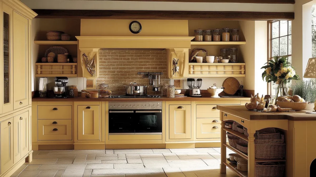 mustard yellow and brown kitchen cupboard paint colour combination