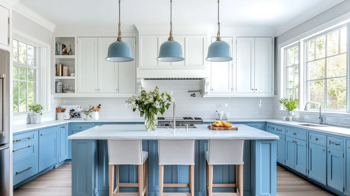 pastel blue and white kitchen cupboard paint colour combination