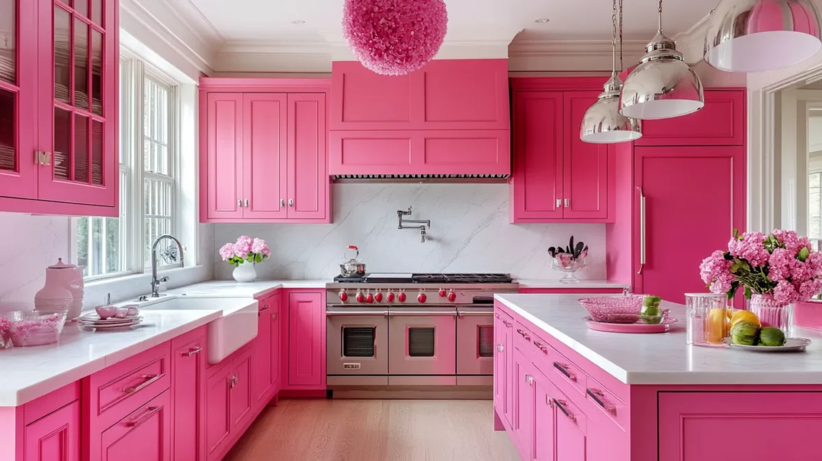 pink colour kitchen cupboard