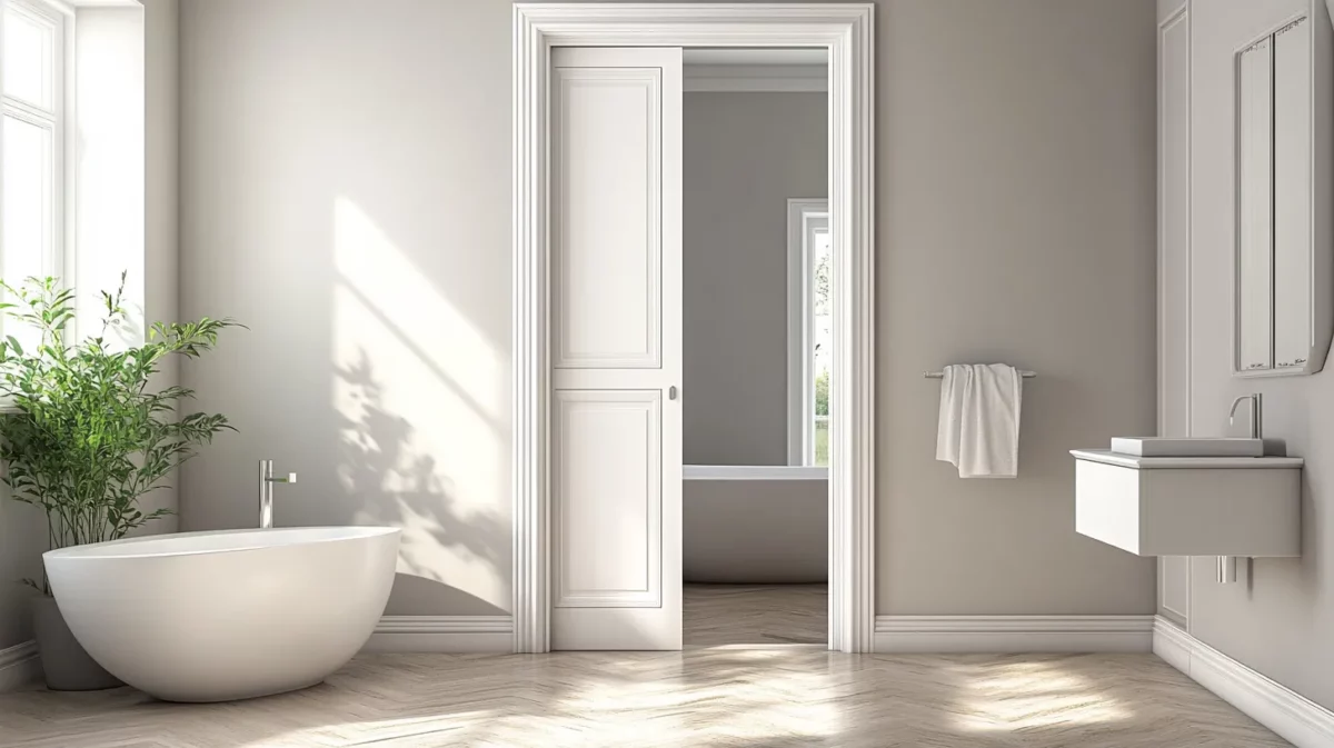 pocket doors renovation idea for small bathroom