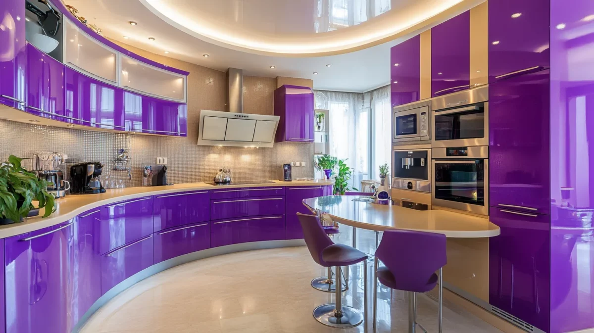 purple and beige colour combination for kitchen cupboard