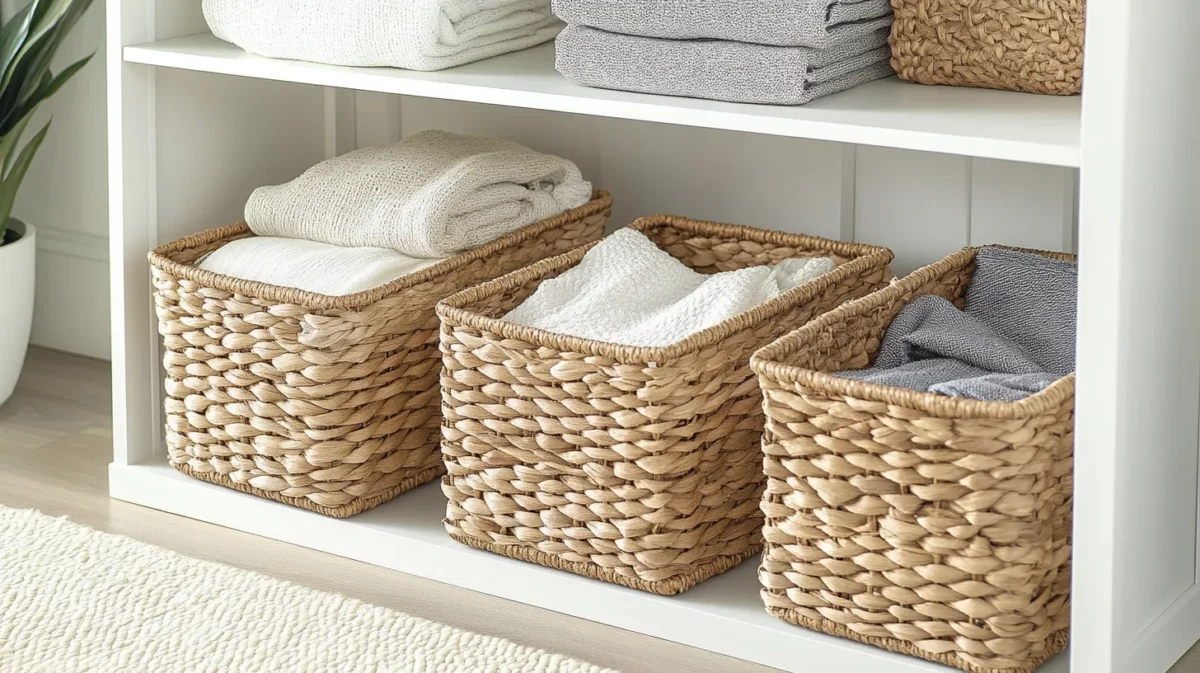 remodel a small bedroom by organizing with decorative baskets and bins