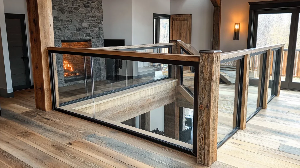 rustic wood frame glass railing design idea