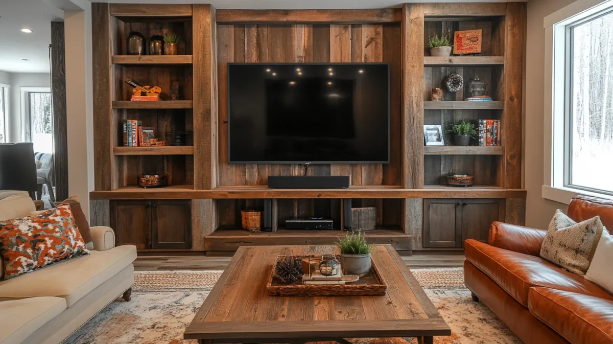 rustic wood tv panel design with open shelves