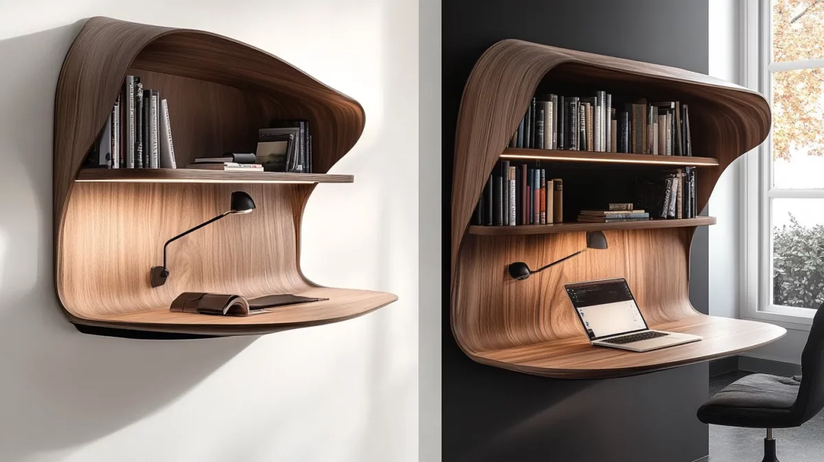 sleek wall mounted study table with bookshelf design