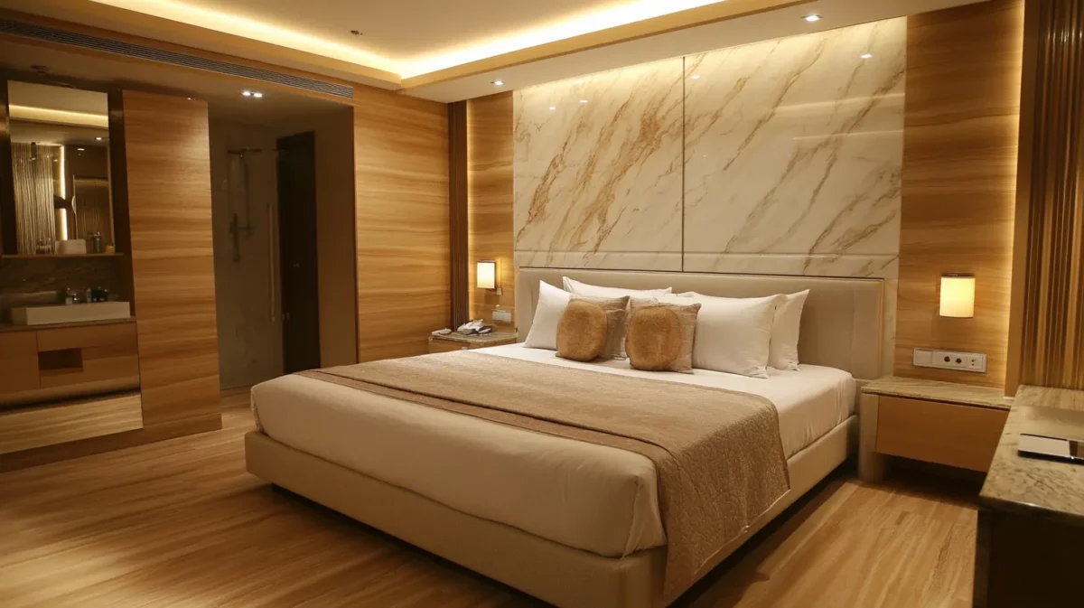 smooth and classy marble bedroom design with pvc panel