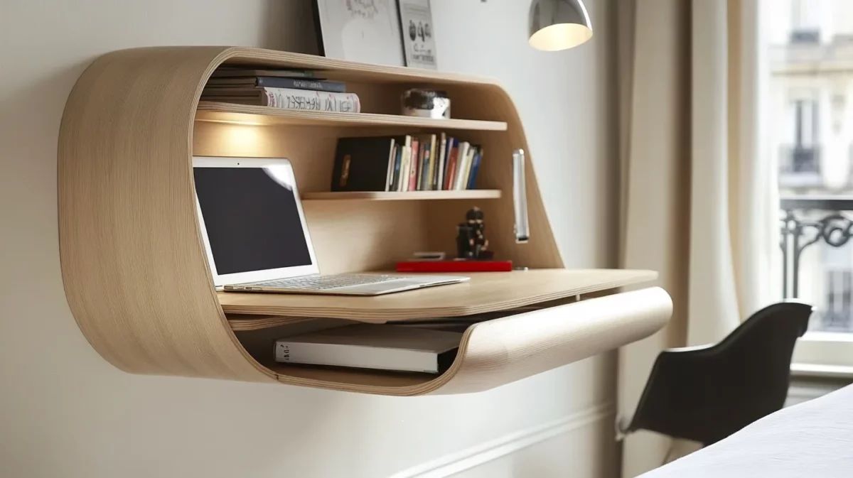 stylish bedroom study table with bookshelf design