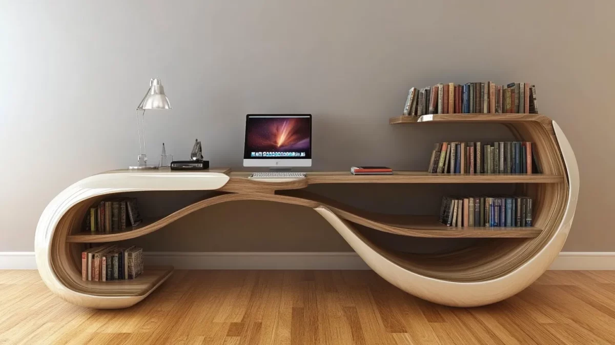 stylish modern bedroom study table with bookshelf design