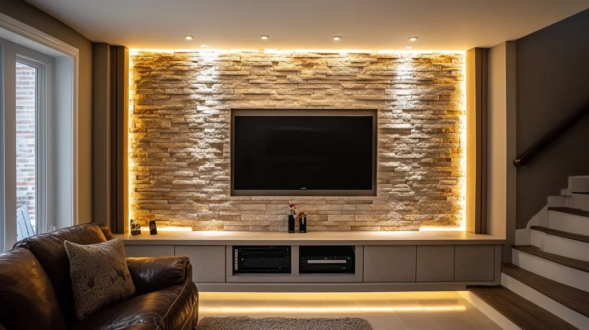 textured stone feature tv wall design idea