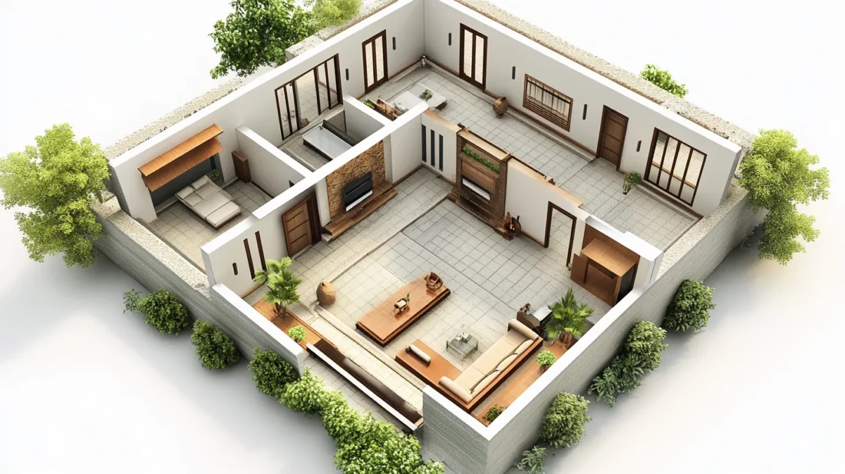 traditional ground level design house plan 2bhk