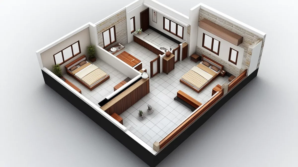 traditional village 3d 2bhk house plan