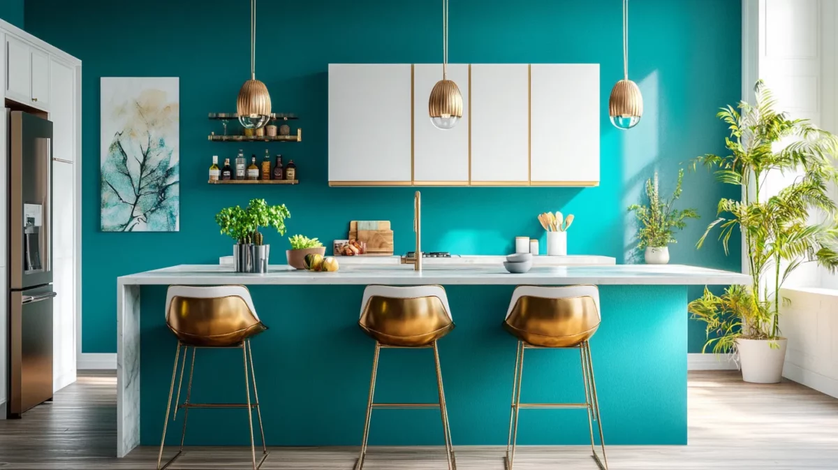 turquoise and warm gold kitchen colour combination