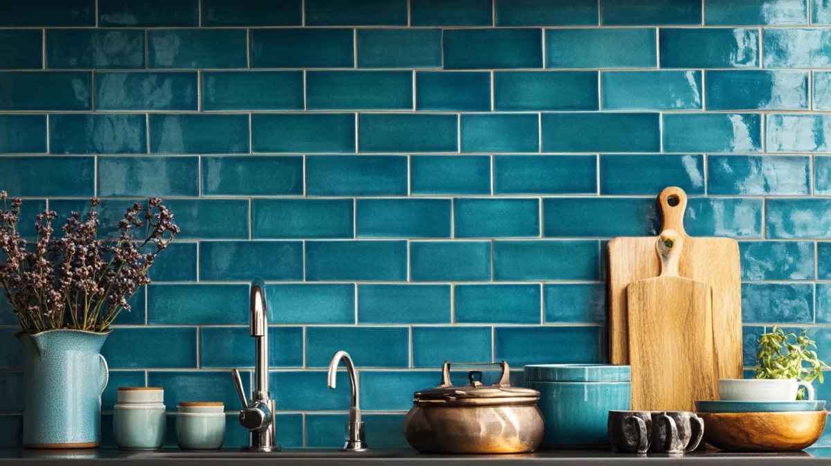 turquoise blue bright colour kitchen wall tiles