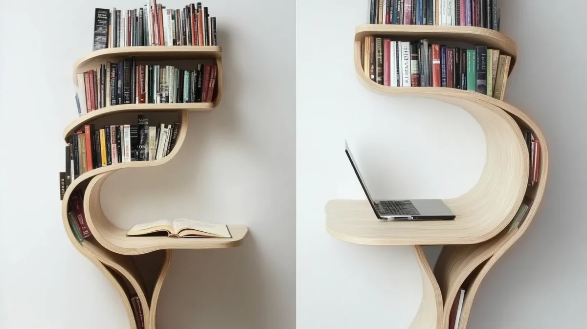 vertical bookshelf design with study table