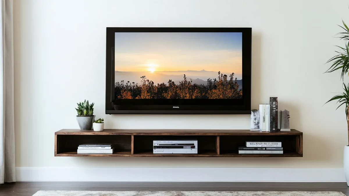 wall mounted tv panel with floating shelves