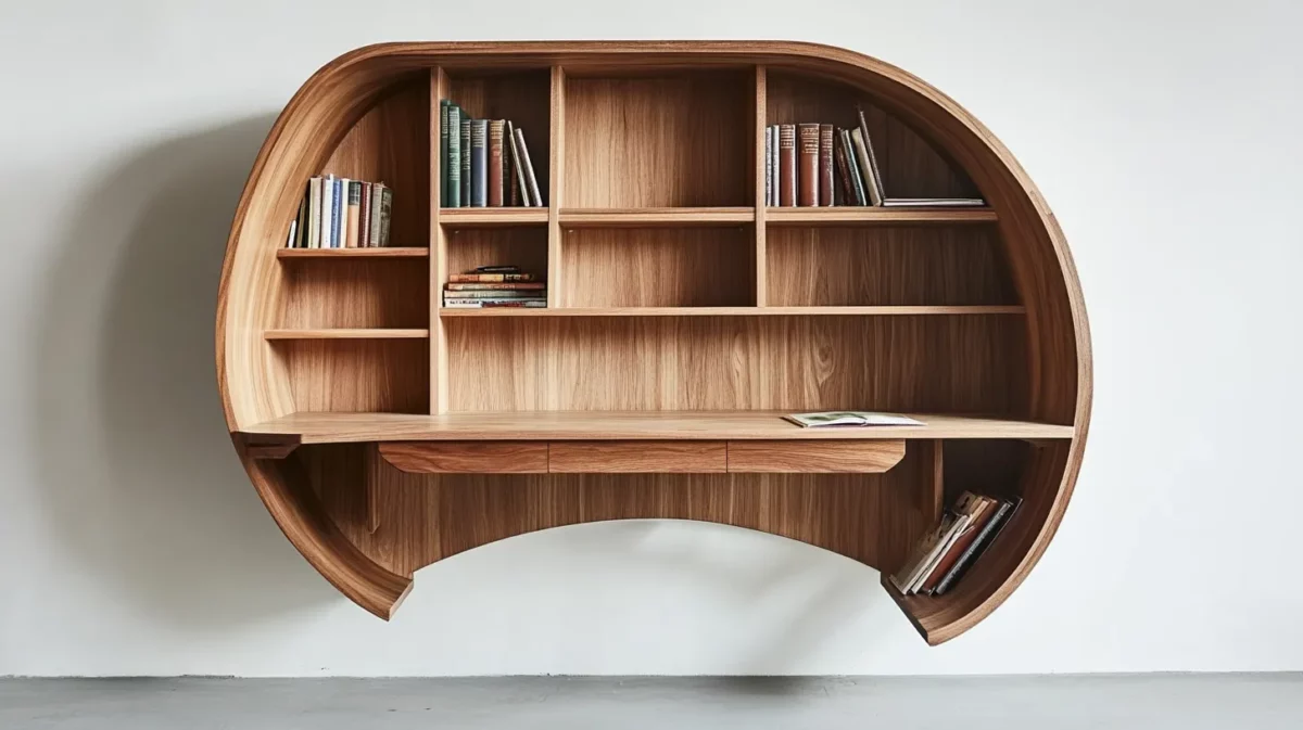 wall study table with bookshelf design