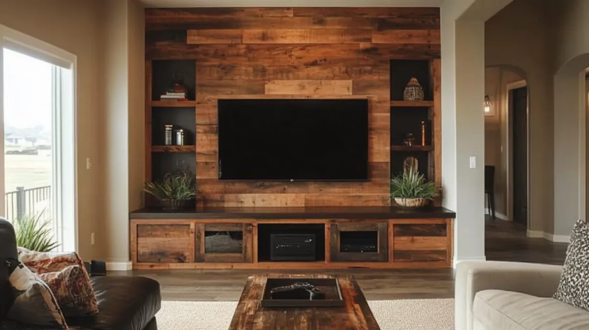 wooden accent tv wall design for living room