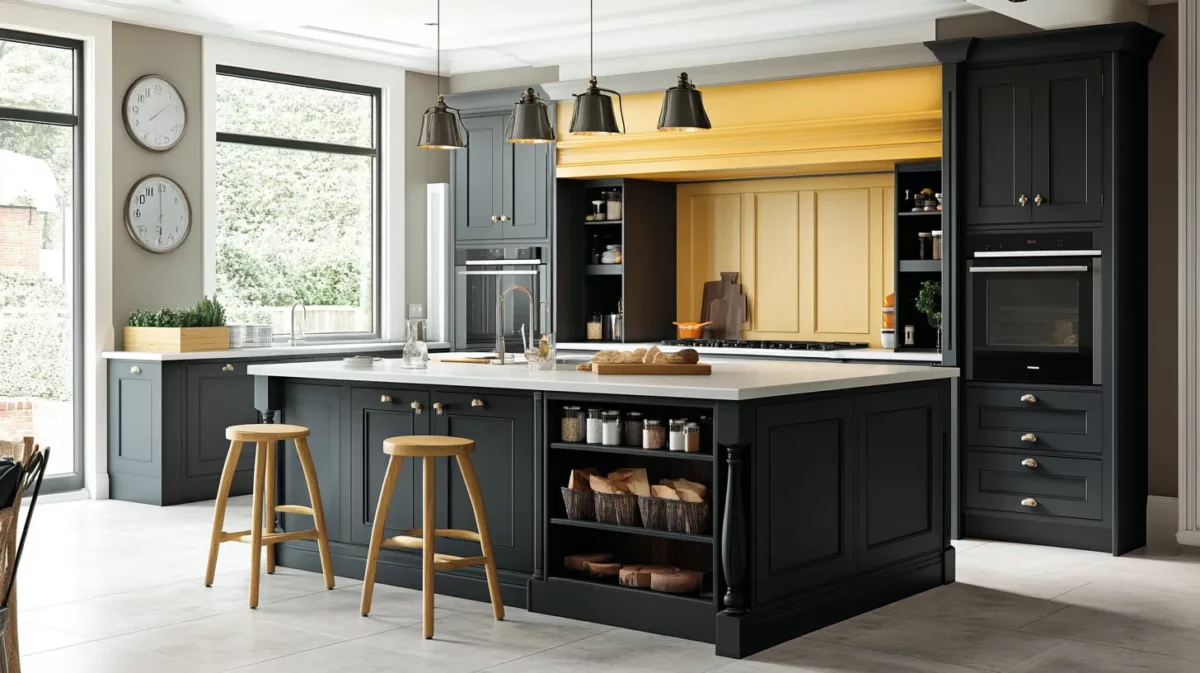 yellow and charcoal grey kitchen wall colour combination