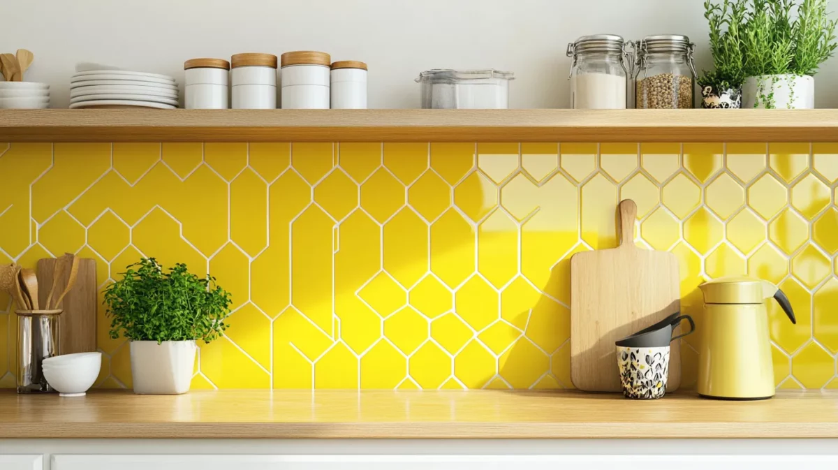 yellow hexagon bright coloured kitchen wall tiles